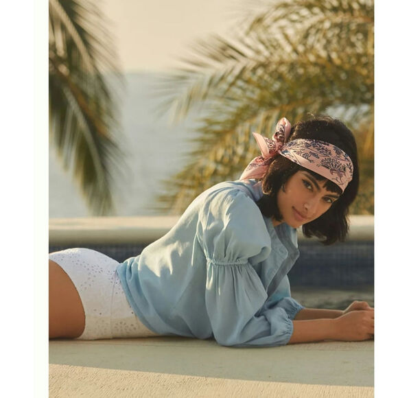 Anthropologie Amadi puff sleeve blouse L tencel Romantic Bohemian Blue Peasant - Picture 1 of 13
